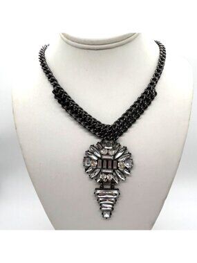 Geometric Rhinestone Necklace Pendant Statement Chunky Gunmetal Choker Goth READ